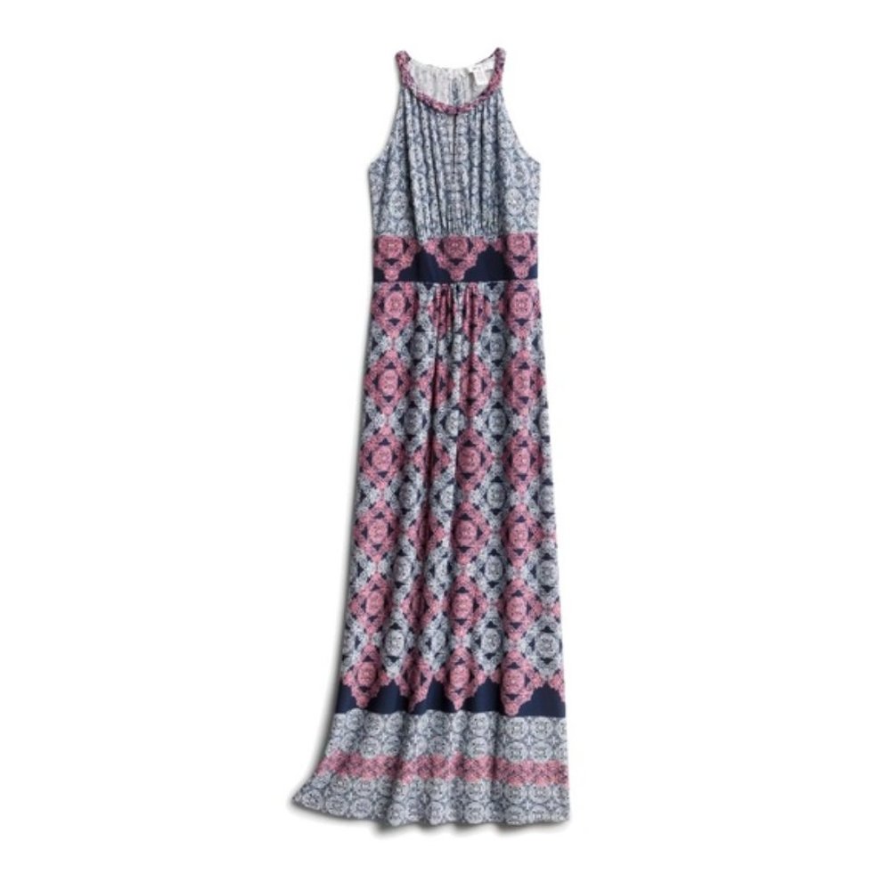 Maggy London Wisp Navy and Coral Comet Knit Maxi Dress